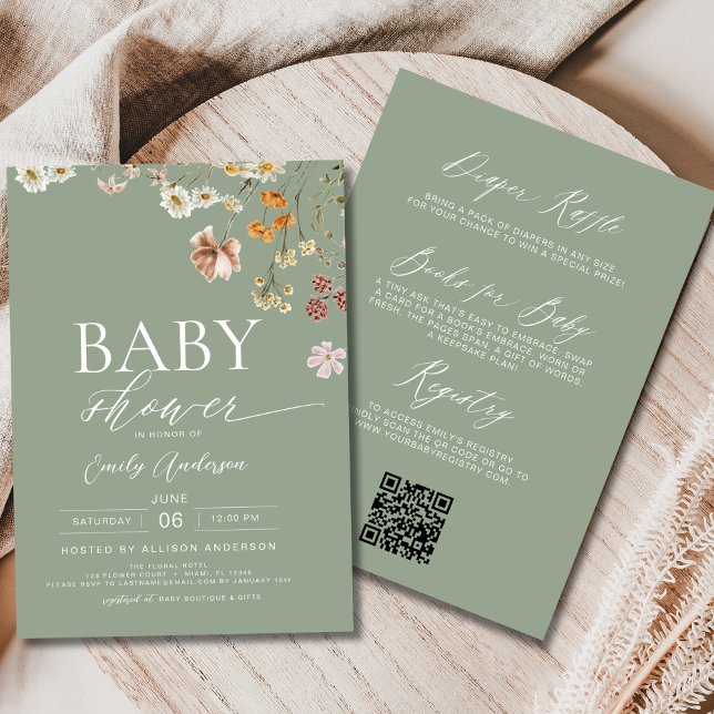 Boho All in One Wildflower Sage Green  Baby Shower Invitation (Creator Uploaded)