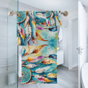 Boho American Indian Dream Catcher, watercolor Bath Towel Set