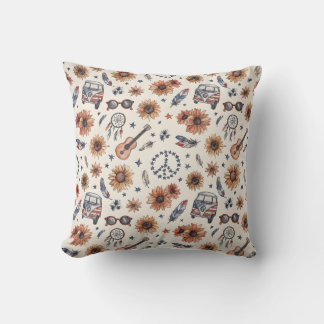 Boho Americana Festival Sunflowers VW Bus 4th of J Throw Pillow