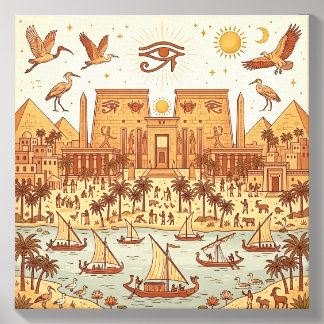 Boho Ancient Egyptian City Illustration-Terracotta Canvas Photo Tile