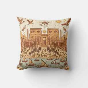 Boho Ancient Egyptian City Illustration-Terracotta Throw Pillow