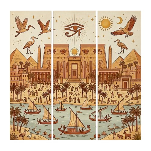Boho Ancient Egyptian City Illustration-Terracotta Triptych