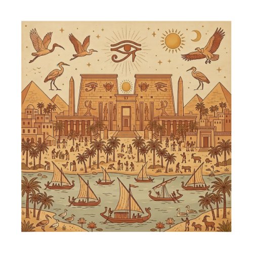 Boho Ancient Egyptian City Illustration-Terracotta Wood Wall Art