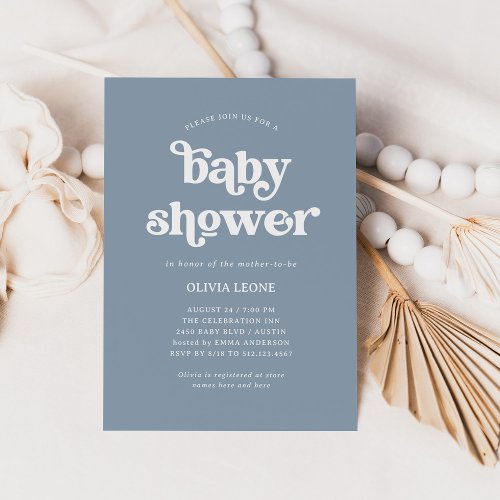 Boho and Retro Dusty Blue  Baby Shower Invitation