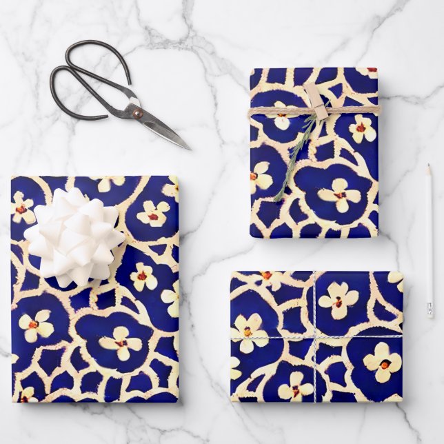 Boho Anemone Blue Wrapping Paper Sheets (Front)