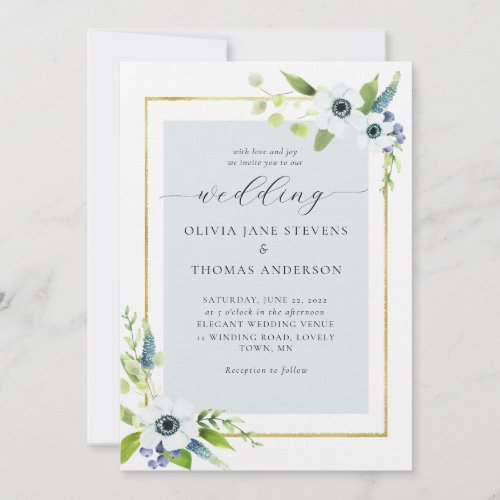 Boho Anemone Dusty Blue Gold Floral Frame Wedding Invitation