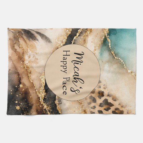 Boho Animal Print, Gold Agate Beige Blue Black Kitchen Towel