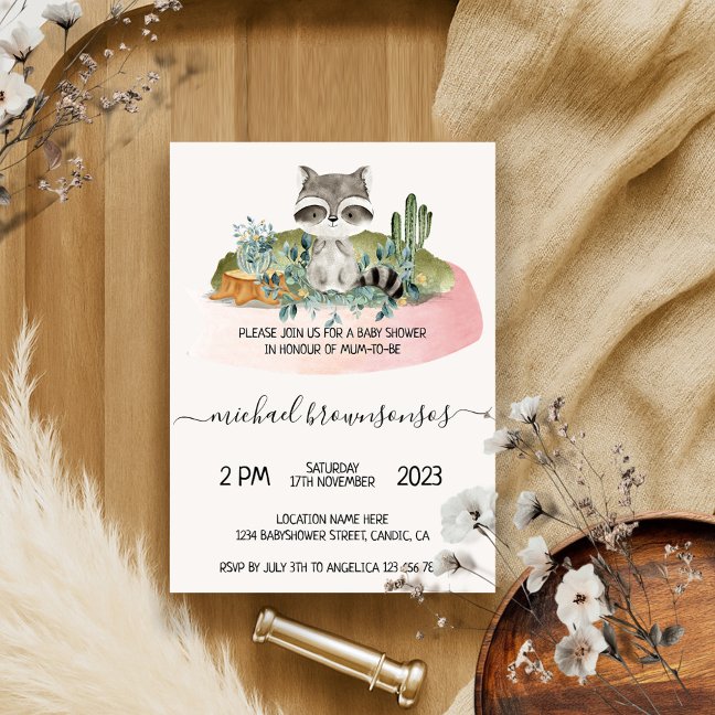 Boho Animal Raccoon Tropical Baby Shower Invitation