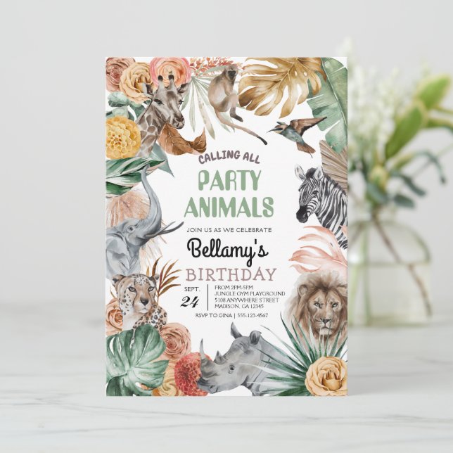 Boho Animal Safari Birthday Invitation (Standing Front)