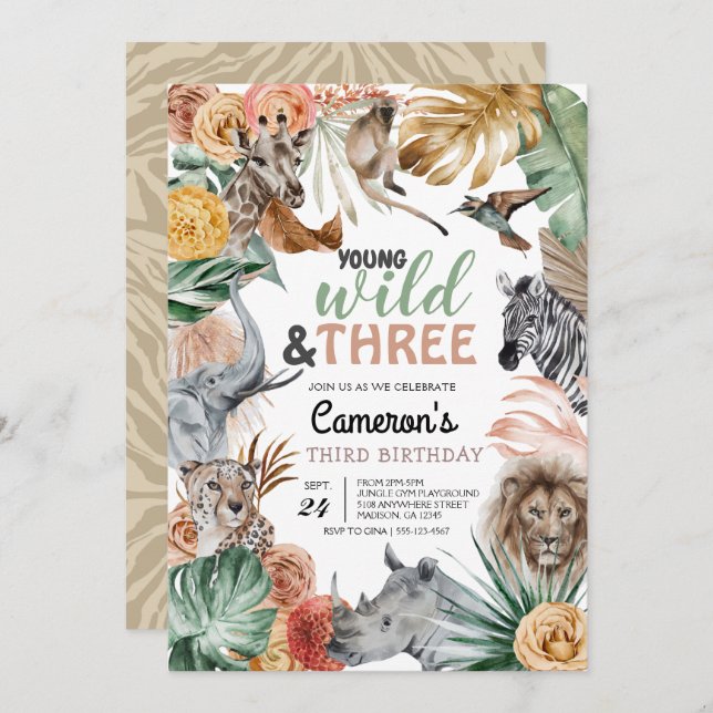 Boho Animal Safari Wild and Three Birthday Invitation (Front/Back)