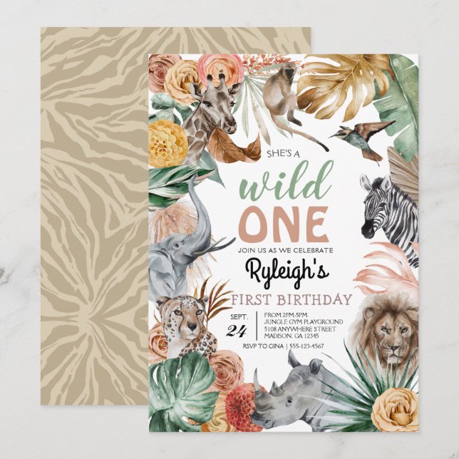 Boho Animal Safari Wild One Birthday Invitation (Front/Back)