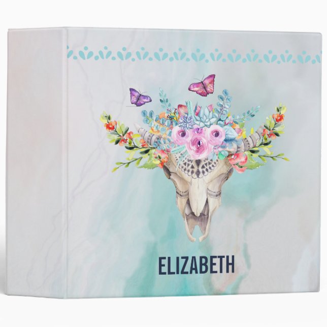Boho Animal Skull with Butterflies and Flowers 3 Ring Binder (Front/Spine)