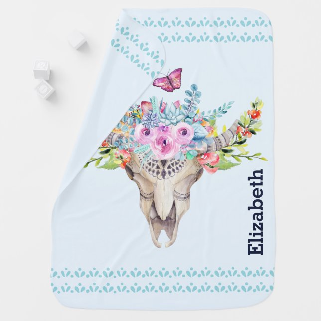 Boho Animal Skull with Butterflies and Flowers Baby Blanket (In Situ)