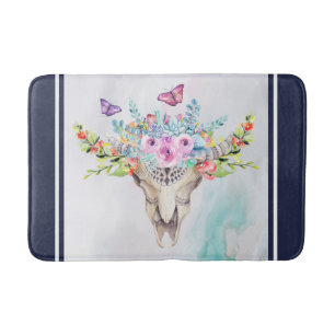 Boho Animal Skull with Butterflies and Flowers Bath Mat