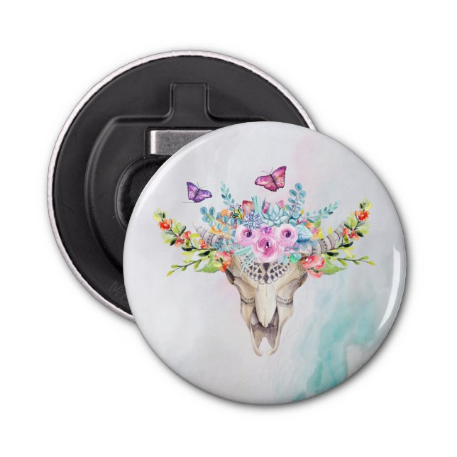 Boho Animal Skull with Butterflies and Flowers Bottle Opener (Front)
