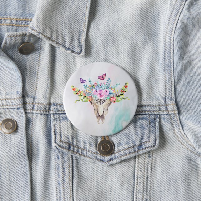 Boho Animal Skull with Butterflies and Flowers Button (In Situ)