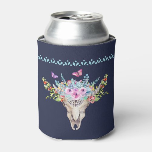 Boho Animal Skull with Butterflies and Flowers Can Cooler