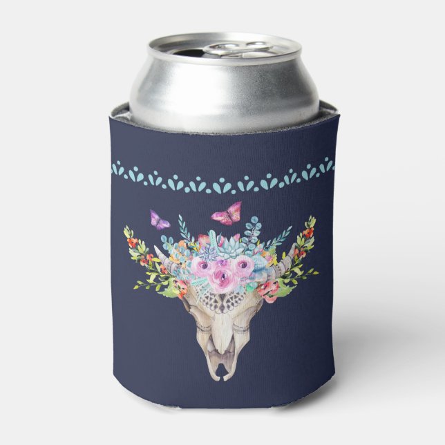 Boho Animal Skull with Butterflies and Flowers Can Cooler (Can Front)