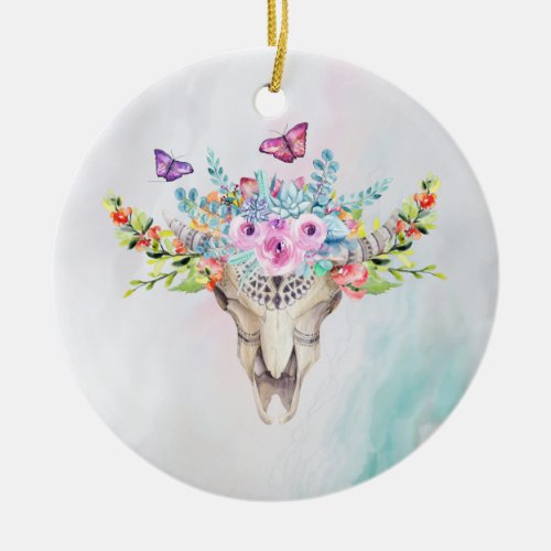 Boho Animal Skull with Butterflies and Flowers Ceramic Ornament