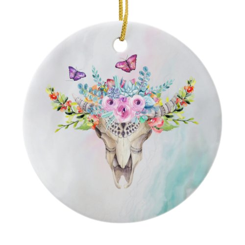 Boho Animal Skull with Butterflies and Flowers Ceramic Ornament