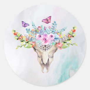 Boho Animal Skull with Butterflies and Flowers Classic Round Sticker