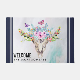 Boho Animal Skull with Butterflies and Flowers Doormat