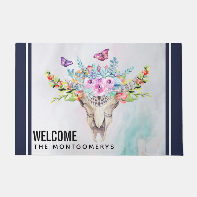 Boho Animal Skull with Butterflies and Flowers Doormat (Front)