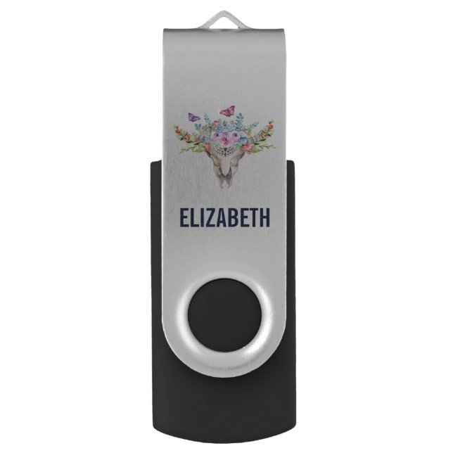 Boho Animal Skull with Butterflies and Flowers Flash Drive (Front Vertical)