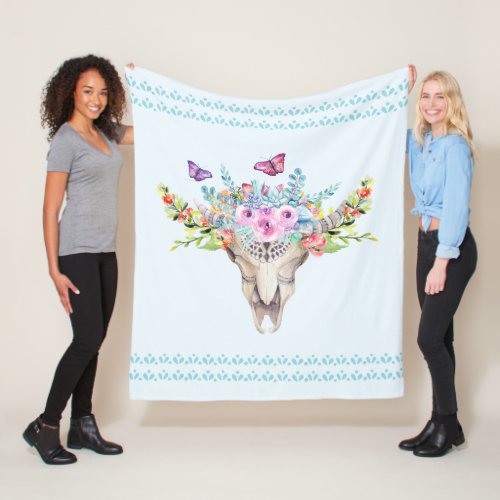 Boho Animal Skull with Butterflies and Flowers Fleece Blanket