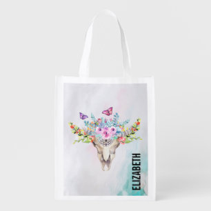 Boho Animal Skull with Butterflies and Flowers Grocery Bag