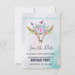 Boho Animal Skull with Butterflies and Flowers Invitation