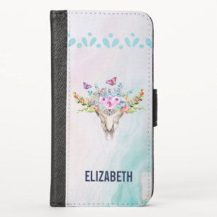 Boho Animal Skull with Butterflies and Flowers iPhone X Wallet Case