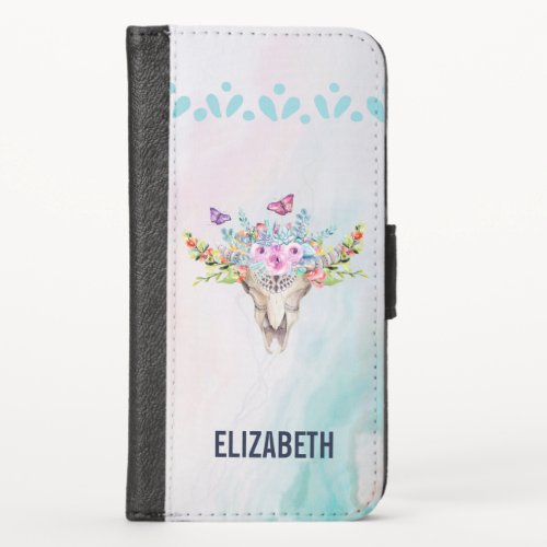 Boho Animal Skull with Butterflies and Flowers iPhone X Wallet Case