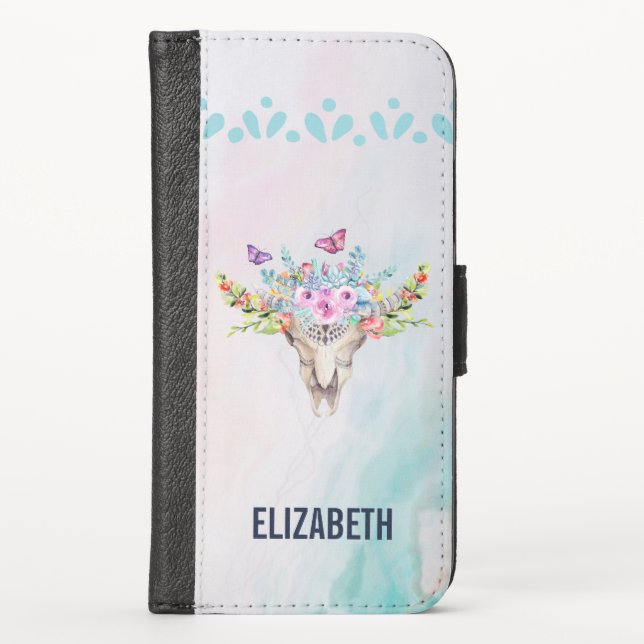 Boho Animal Skull with Butterflies and Flowers iPhone Wallet Case (Front)