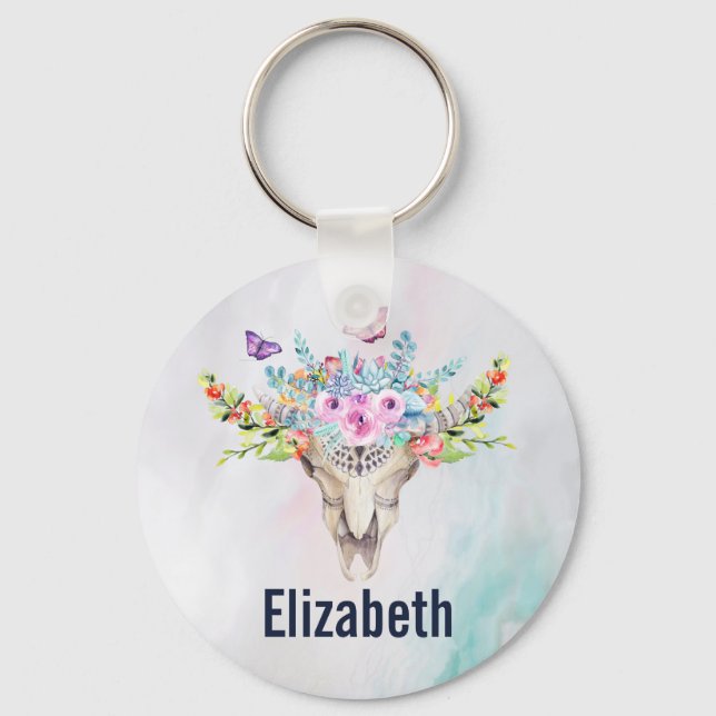 Boho Animal Skull with Butterflies and Flowers Keychain (Front)