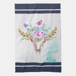 Boho Animal Skull with Butterflies and Flowers Kitchen Towel
