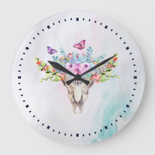 Boho Animal Skull with Butterflies and Flowers Large Clock