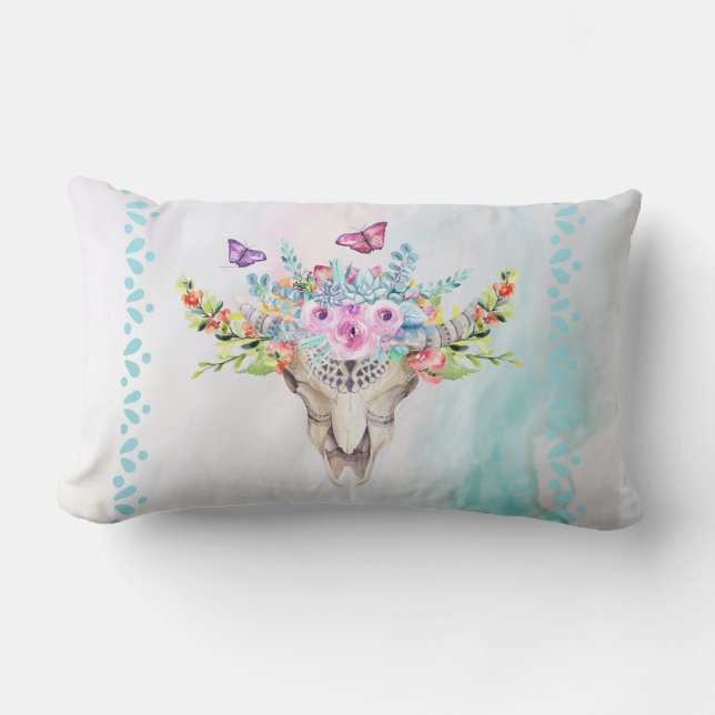 Boho Animal Skull with Butterflies and Flowers Lumbar Pillow (Front)