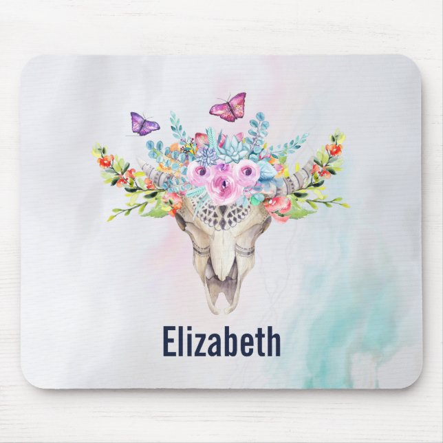 Boho Animal Skull with Butterflies and Flowers Mouse Pad (Front)
