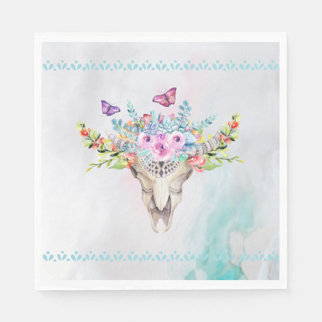 Boho Animal Skull with Butterflies and Flowers Napkins (Front)