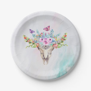 Boho Animal Skull with Butterflies and Flowers Paper Plates