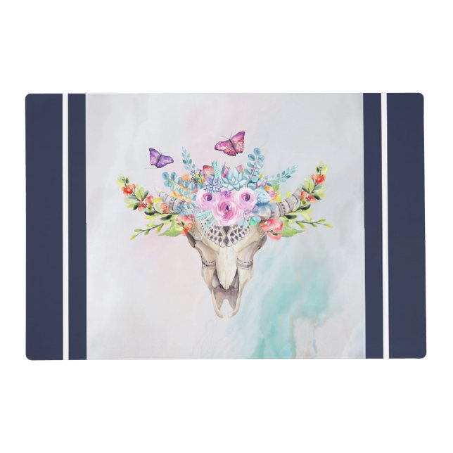 Boho Animal Skull with Butterflies and Flowers Placemat (Front)