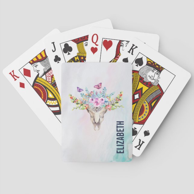 Boho Animal Skull with Butterflies and Flowers Poker Cards (Back)