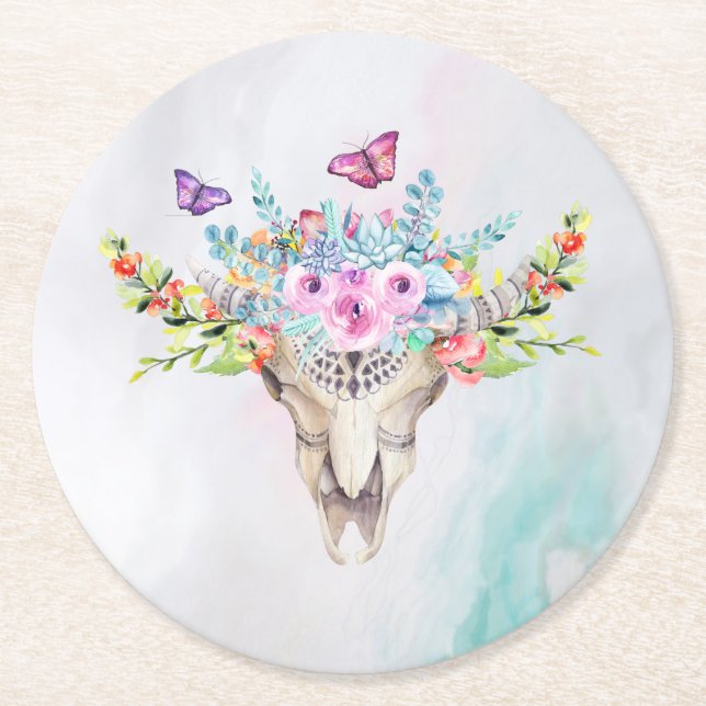 Boho Animal Skull with Butterflies and Flowers Round Paper Coaster (Front)