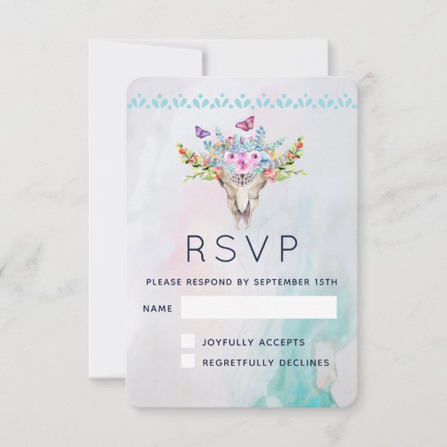 Boho Animal Skull with Butterflies and Flowers RSVP Card (Front)