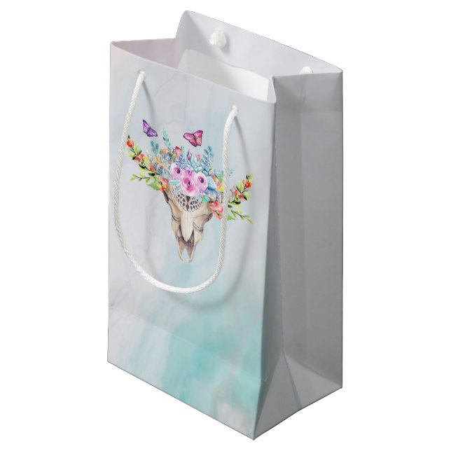 Boho Animal Skull with Butterflies and Flowers Small Gift Bag (Front Angled)