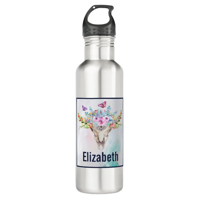 Boho Animal Skull with Butterflies and Flowers Stainless Steel Water Bottle (Front)