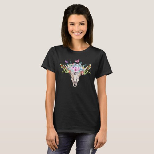 Boho Animal Skull with Butterflies and Flowers T_Shirt