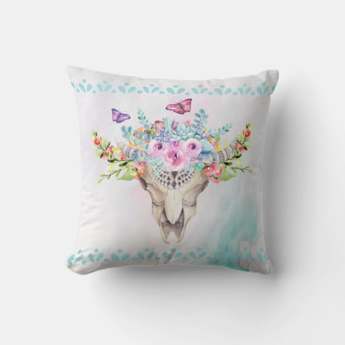 Boho Animal Skull with Butterflies and Flowers Throw Pillow