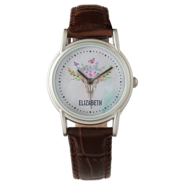 Boho Animal Skull with Butterflies and Flowers Watch (Front)
